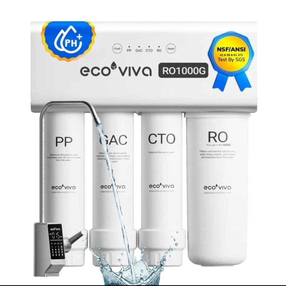 NEW Ecoviva RO1000 GPD Under Sink Reverse Osmosis Water Filter Filtration System